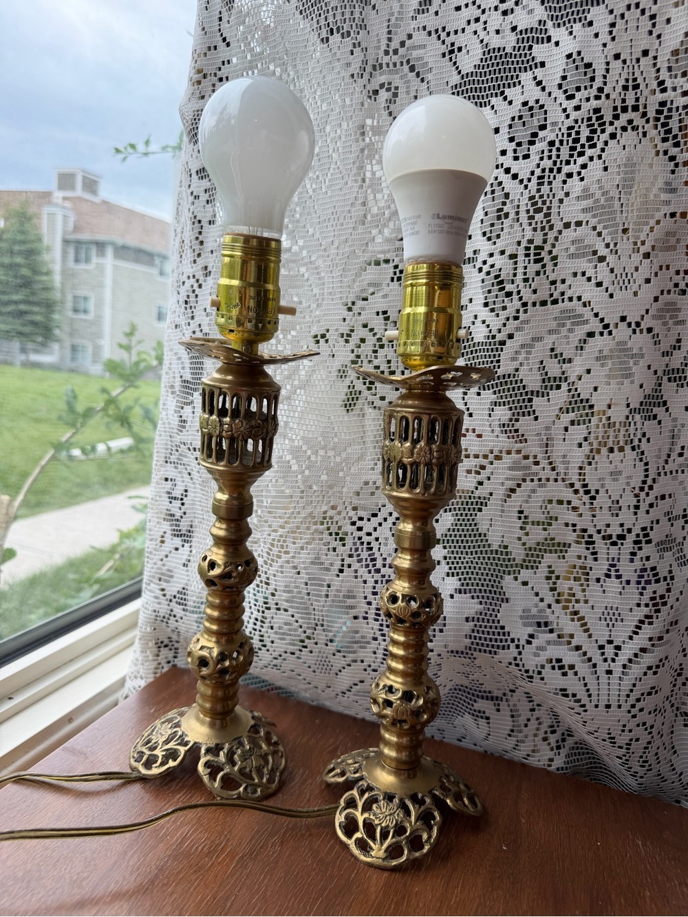 Pair of Vintage Gold gilt floral brass candle holder converted into lamps